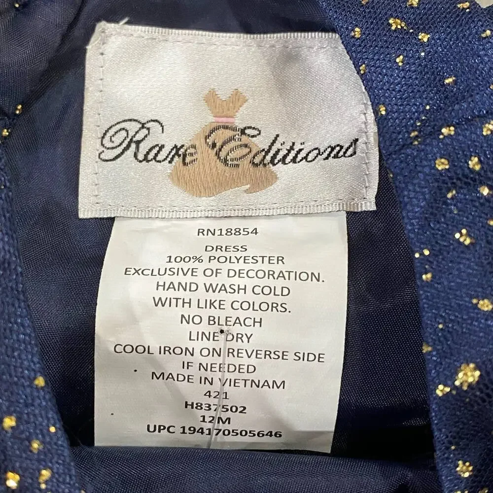 RARE EDITIONS Baby Girls Foil Mesh Dress with Satin Bow Navy 12 Months